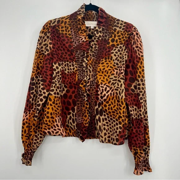 Love The Label Anthropologie Zuri Top Dotted Leopard Ruffle Button Shirt L - Picture 9 of 15
